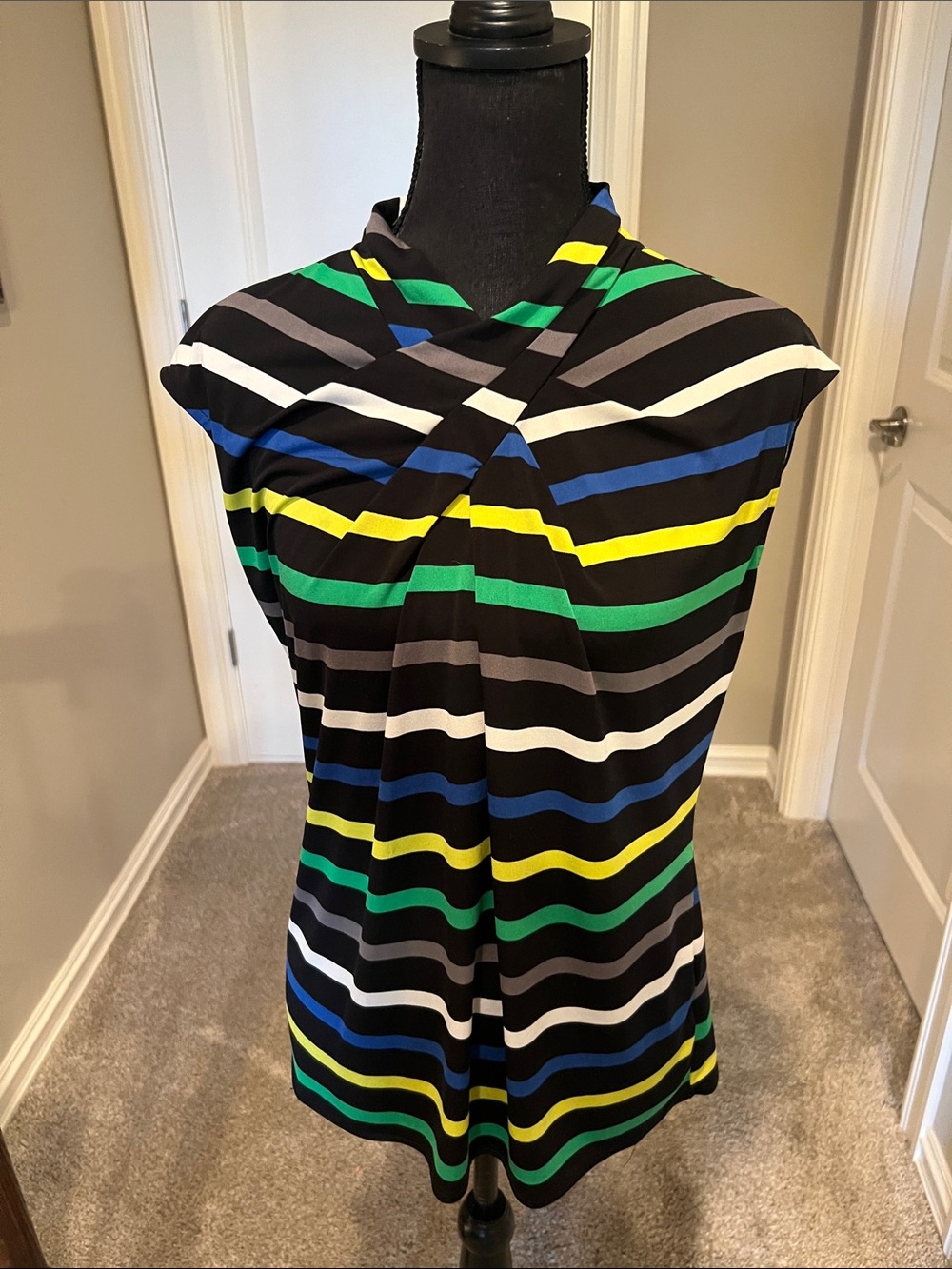 Worthington Black Striped Cap-Sleeve Tunic with Green, Blue, Yellow & White